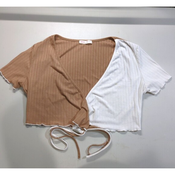 Romwe Tops - Romwe Women's Crop Top Front Tie Brown and White M